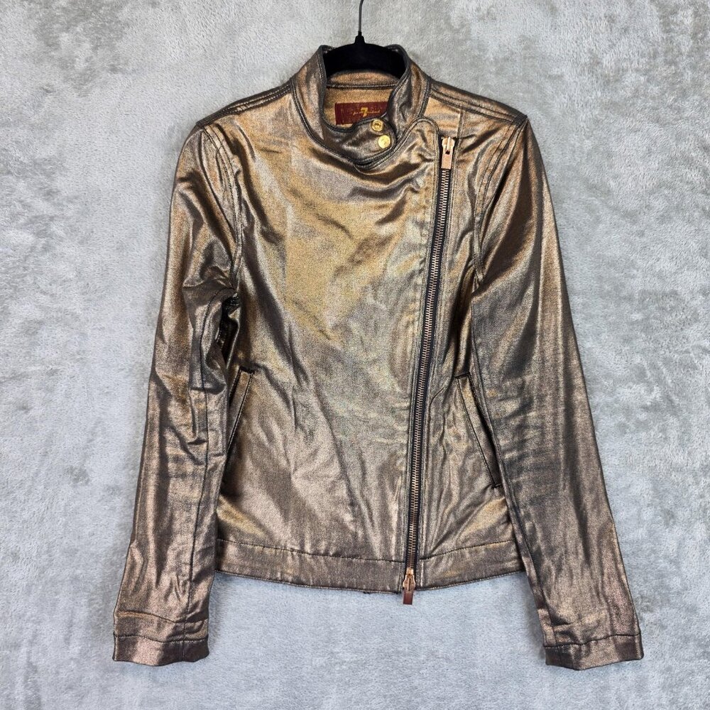 7 For All Mankind Jacket Womens XS Bronze Metallic Coated Moto Asym Zip Made USA